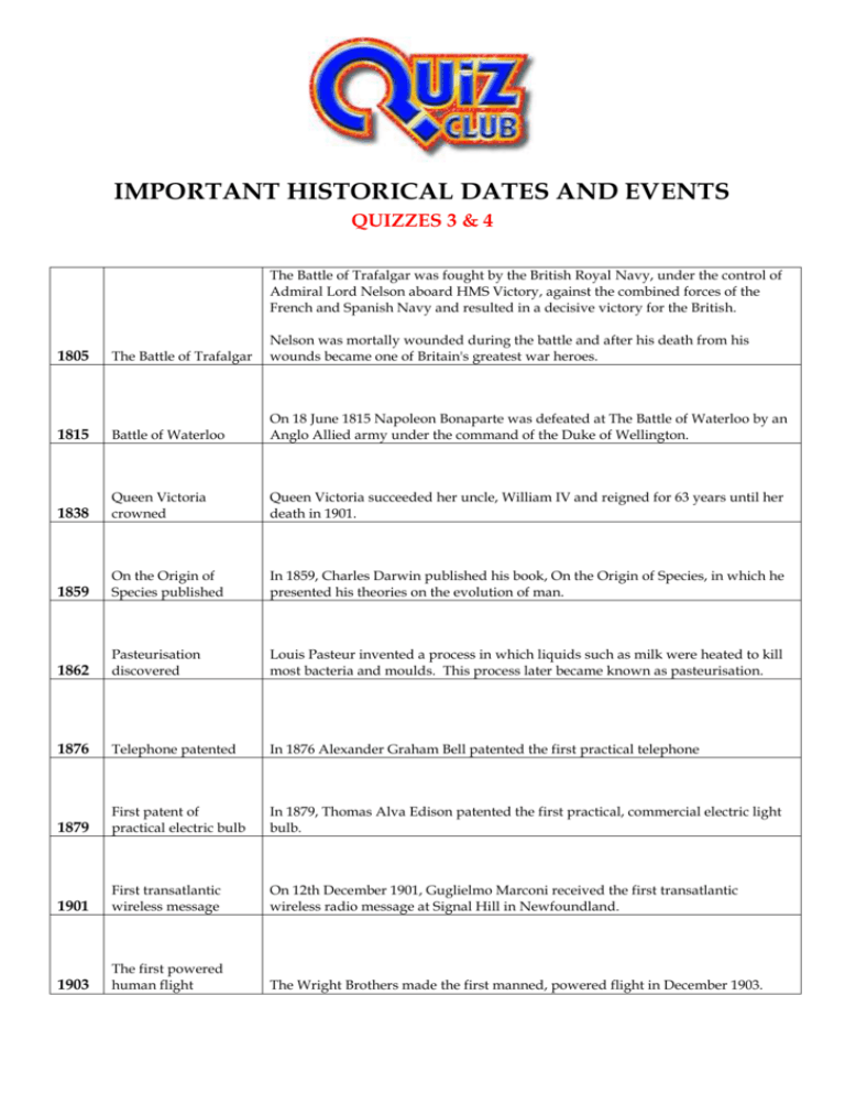 important historical dates and events quizzes 3 & 4