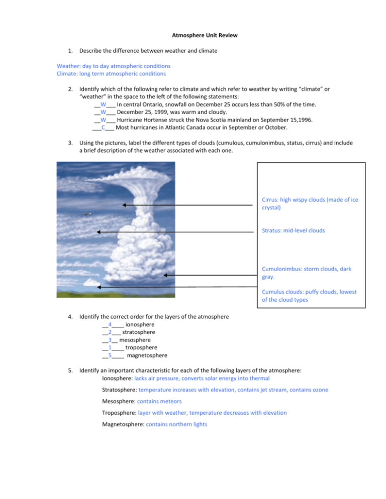 Atmosphere Unit Review answers