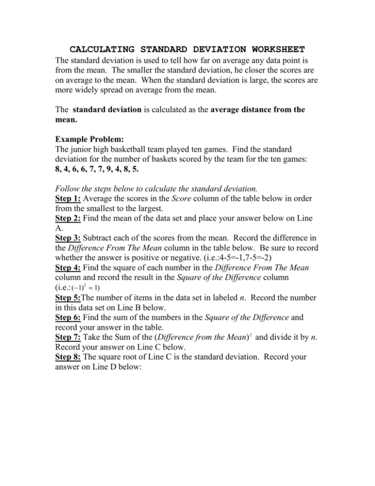 CALCULATING STANDARD DEVIATION WORKSHEET