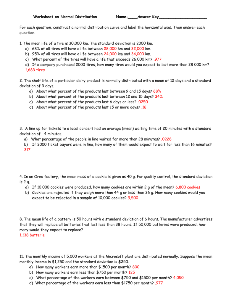 Worksheet on Normal Distribution Name:____Answer Key For Standard Deviation Worksheet With Answers