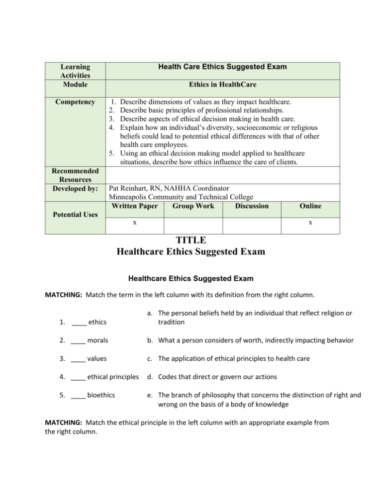 assignment 5.1 healthcare ethics vocabulary review