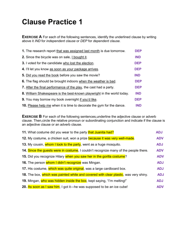 Clause Practice 1 EXERCISE A