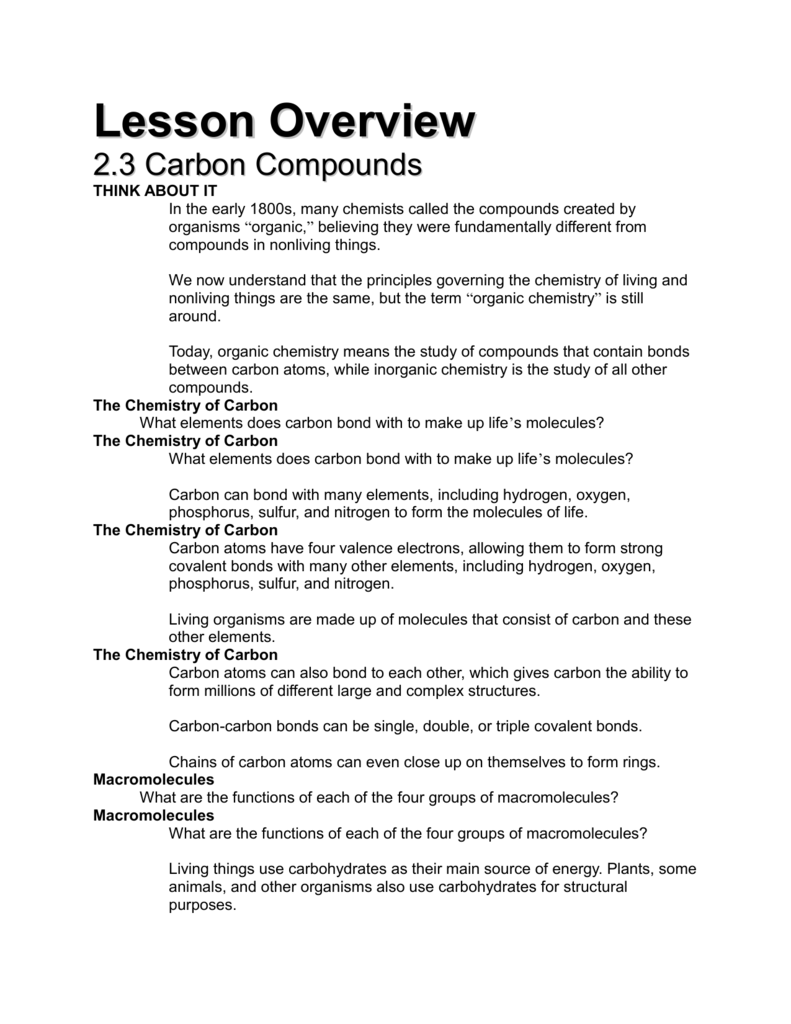 Carbon compounds worksheet answers