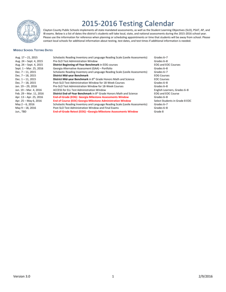 Middle School Testing Calendar - Clayton County Public Schools