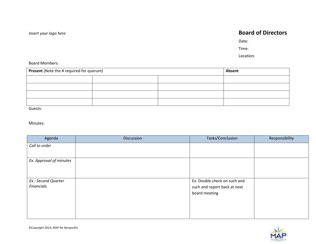 MAP for Nonprofits Board Meeting Minutes Template Inside Non Profit Board Meeting Minutes Template