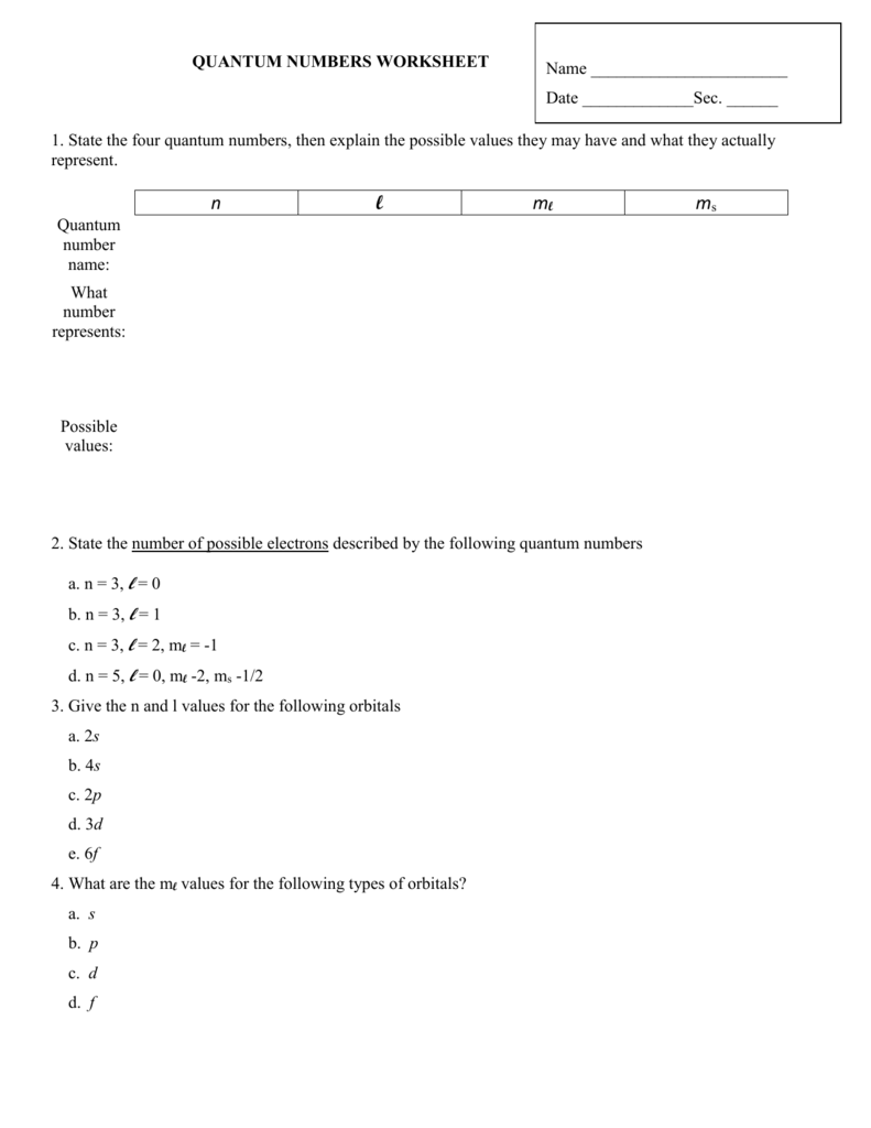 Quantum Numbers Worksheet Answers