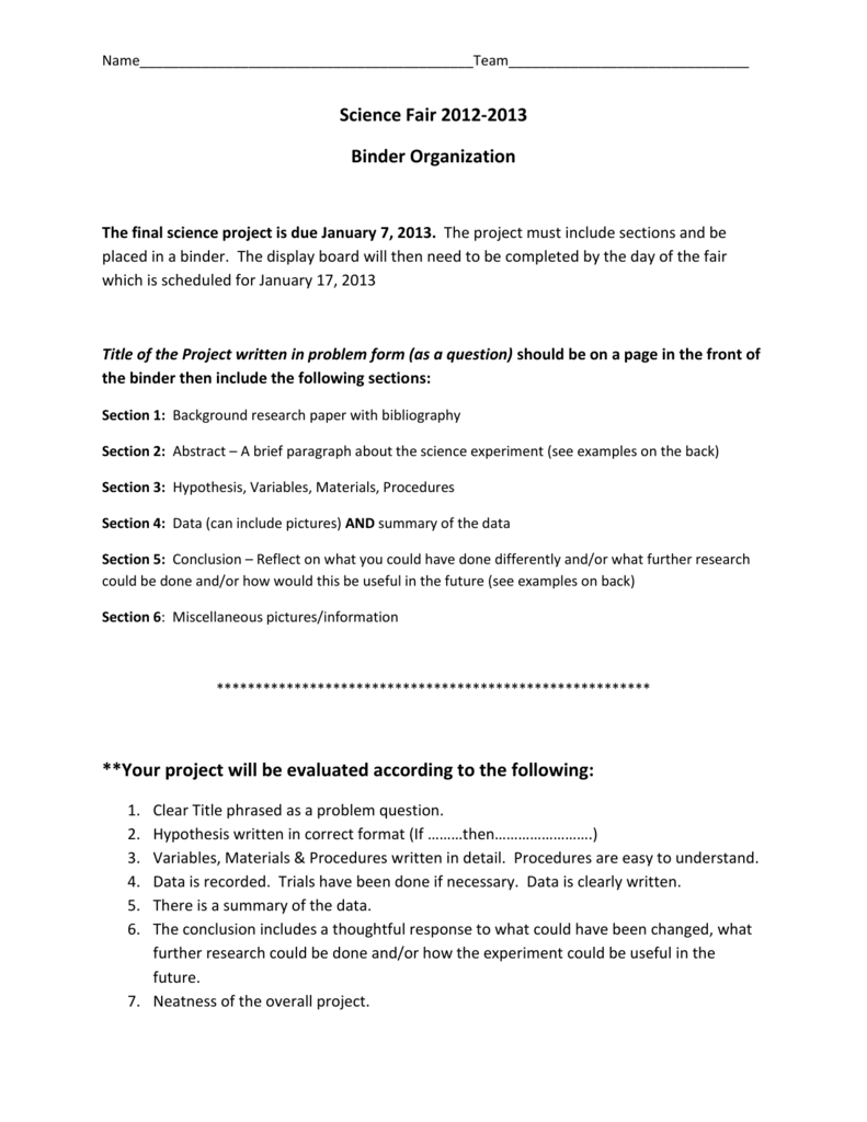 Science Fair 2012-2013 Binder Organization