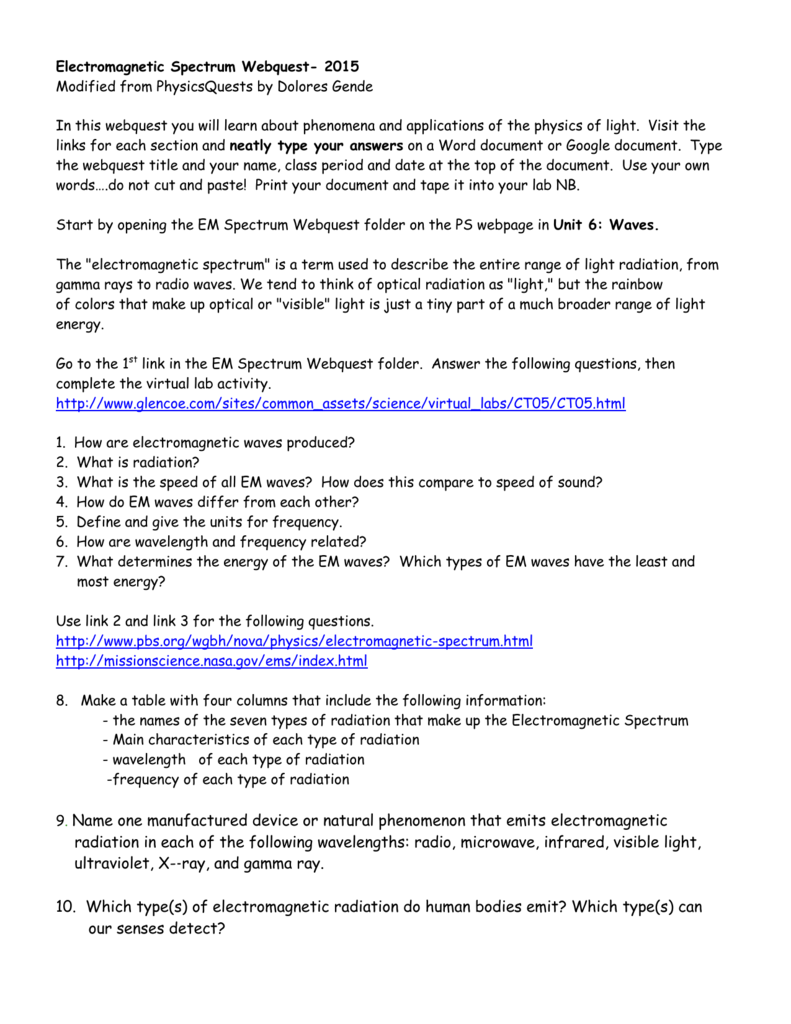 Electromagnetic Spectrum Light Webquest Answer Key Shelly Lighting