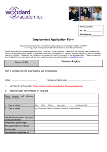 APPLICATION FOR TEACHING APPOINTMENT