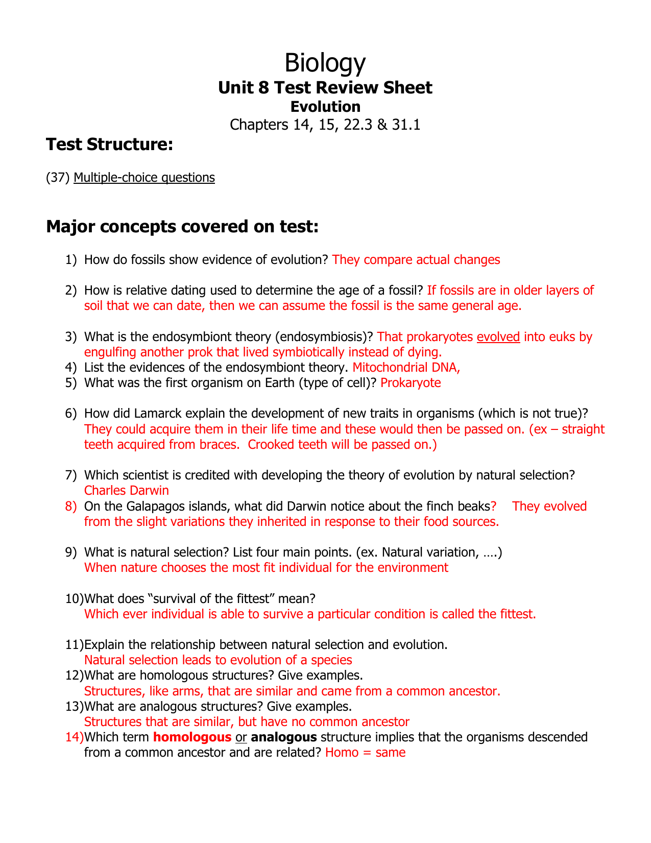 evolution questions and answers for students