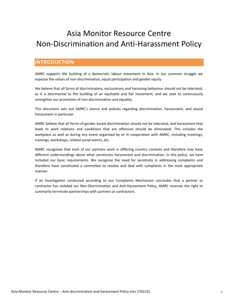 Non Discrimination And Anti Harassment Policy