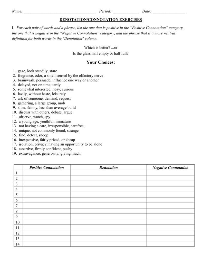 Denotation And Connotation Worksheet