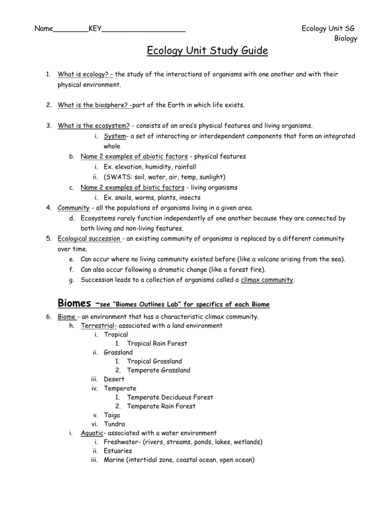 Ecology Unit Study Guide