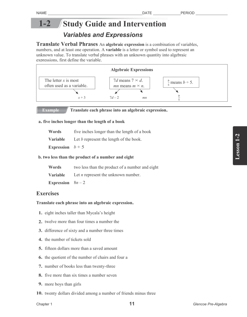 1 2 Study Guide And Intervention Variables And Expressions 1 2 Study Guide And Intervention Variables And Expressions