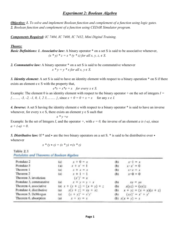 Experiment No 2 Boolean Algebra