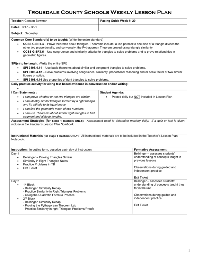 Trousdale County Schools Weekly Lesson Plan