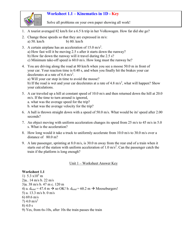 Kinematics Worksheet With Answers