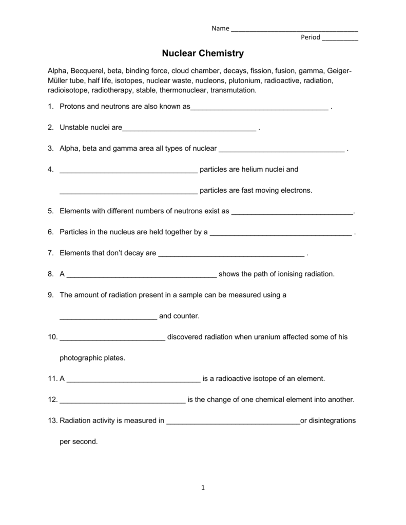 Nuclear Chemistry Worksheet K