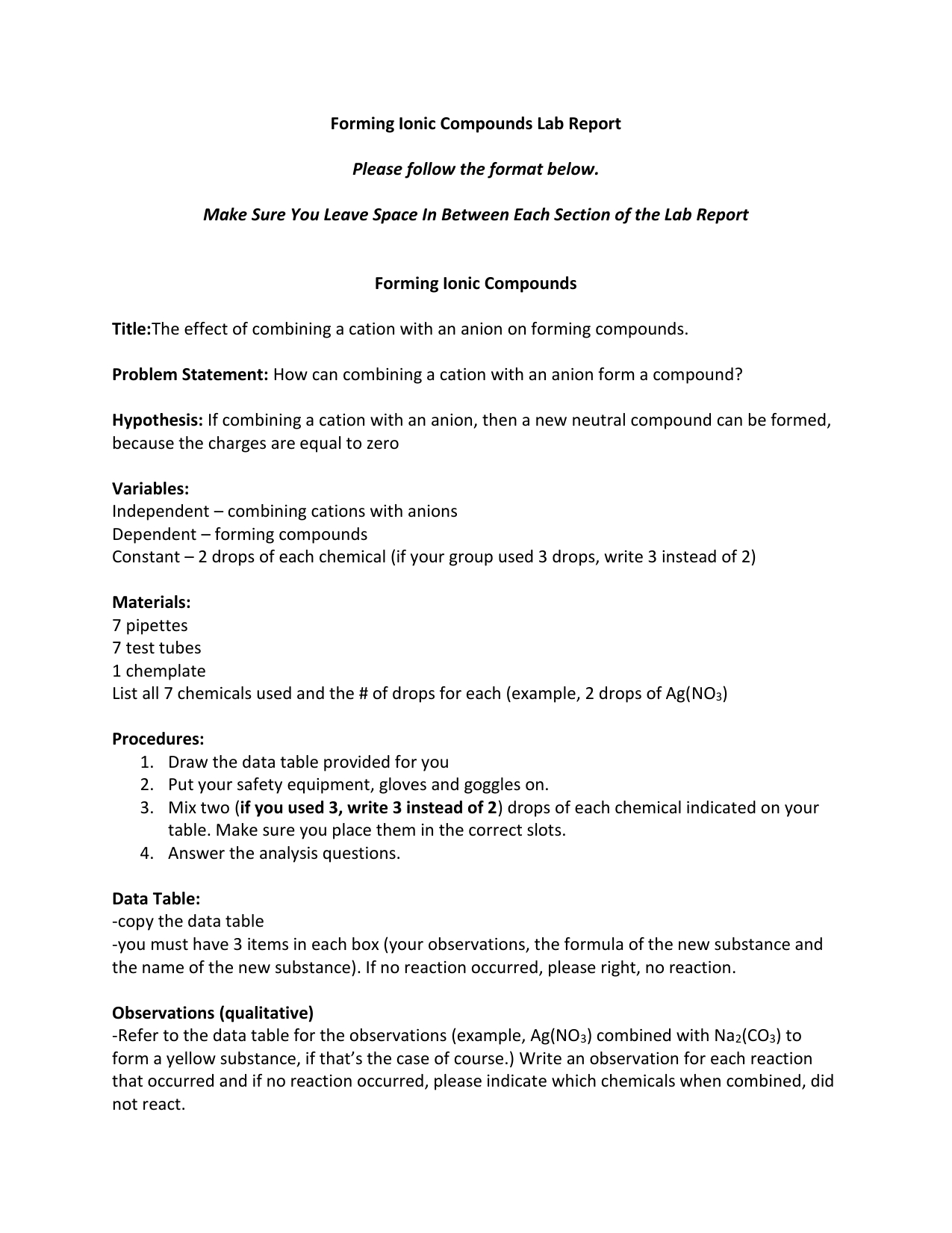 Forming Ionic Pounds Lab Report Please Follow The Format