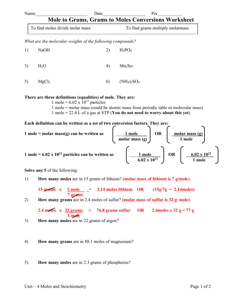 moles to grams ws Intended For Molar Mass Worksheet Answer Key