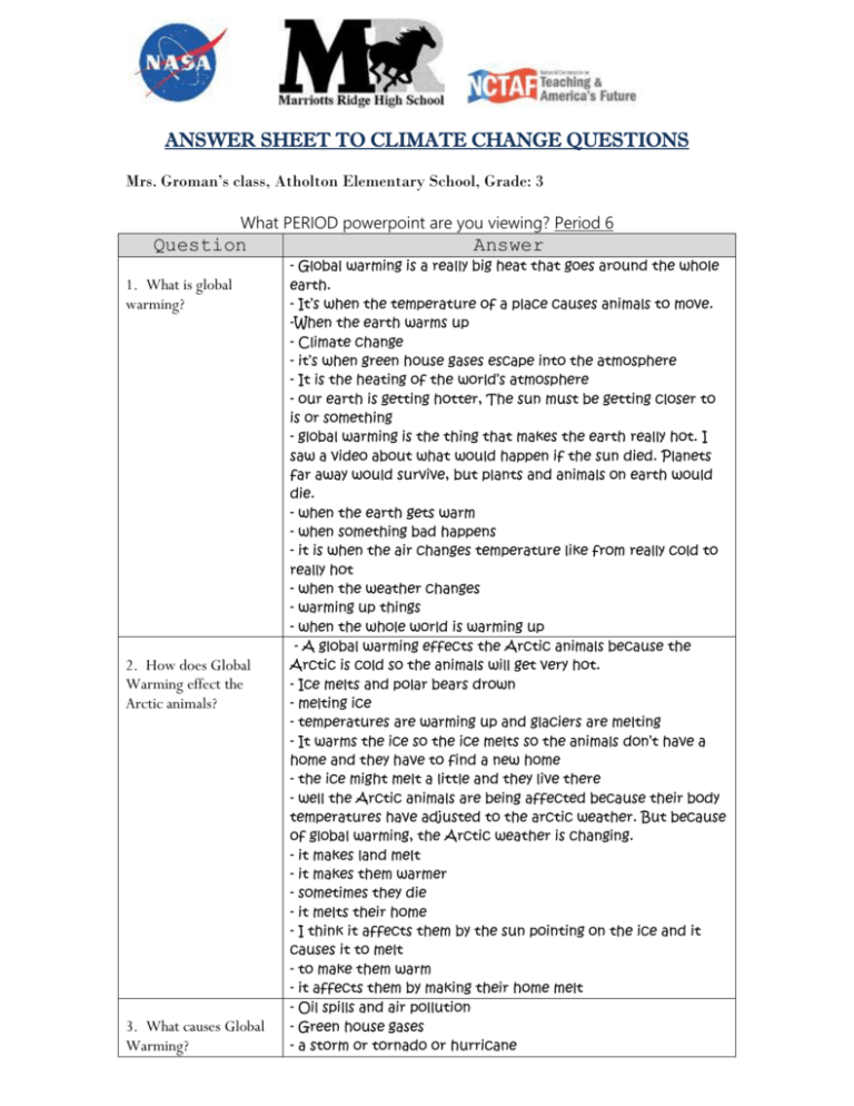 Answer Sheet To Climate Change Questions