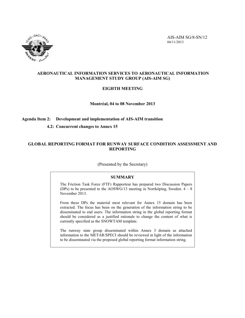 Global Reporting Format For Runway Surface Condition Throughout Rapporteur Report Template