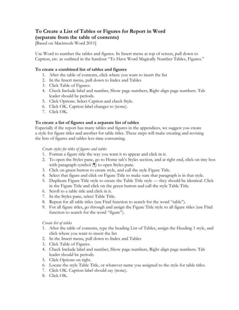 To Create A List Of Tables Or Figures For Report In Word