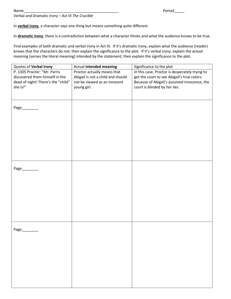 Irony Worksheet - Pioneer Central Schools