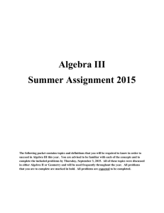 Algebra 3 Summer Assignment 2015