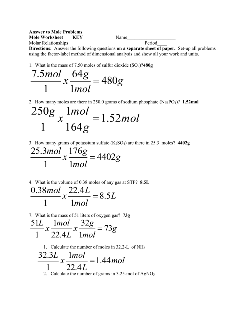 Answer Inside Worksheet Mole Problems Answers