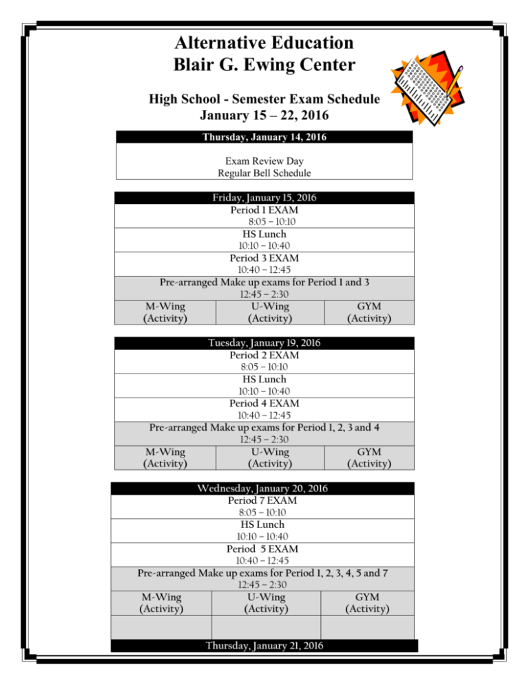 High School - Semester Exam Schedule