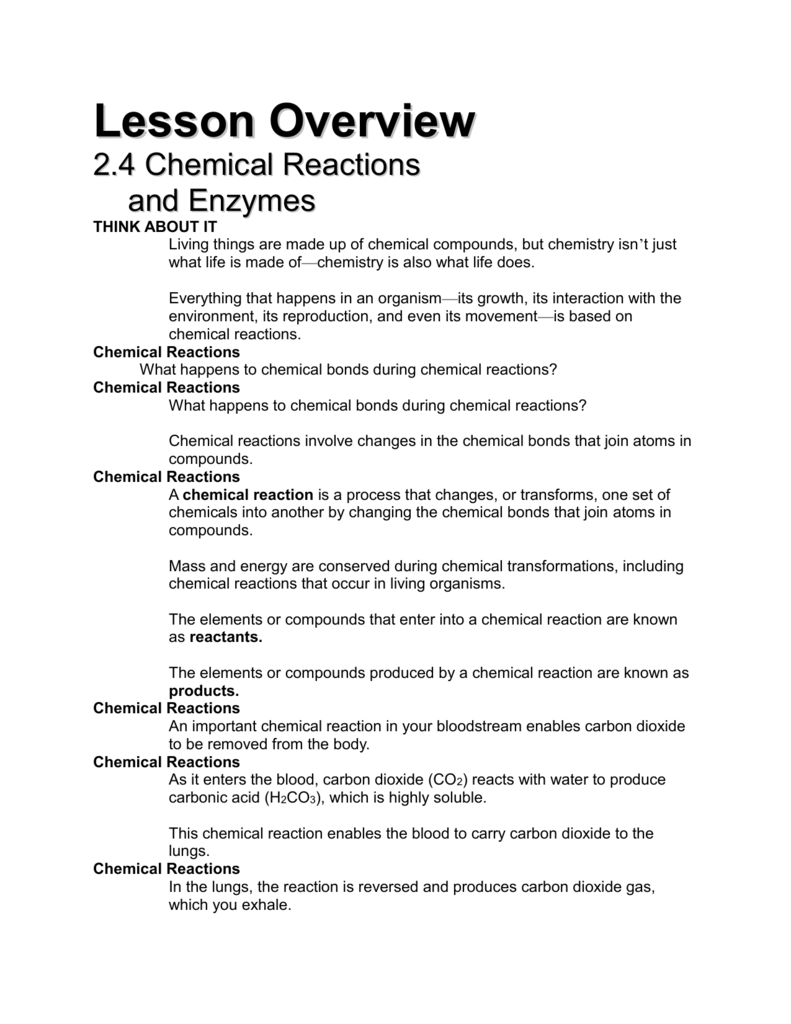 Lesson Overview 11.11 Chemical Reactions and Enzymes Inside Overview Chemical Bonds Worksheet Answers