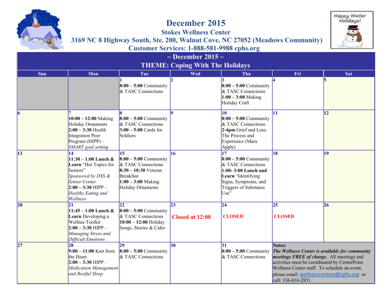 December 2015 US Calendar with Holidays