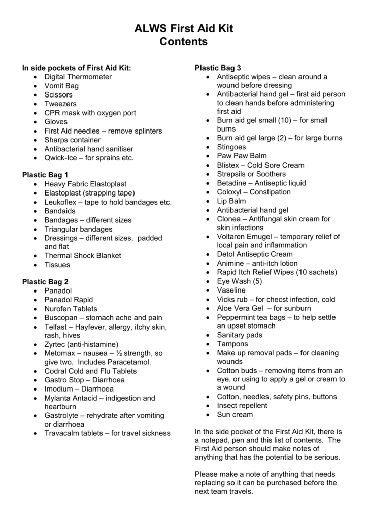 first aid contents list