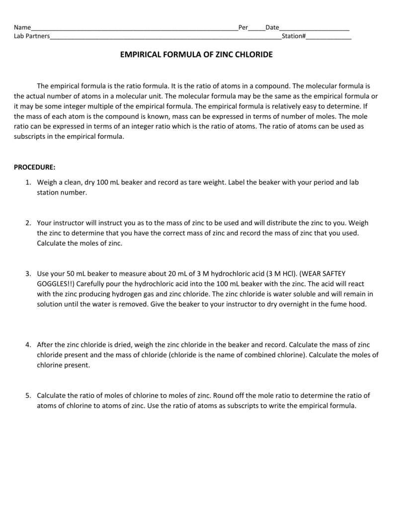 empirical formula of zinc chloride lab