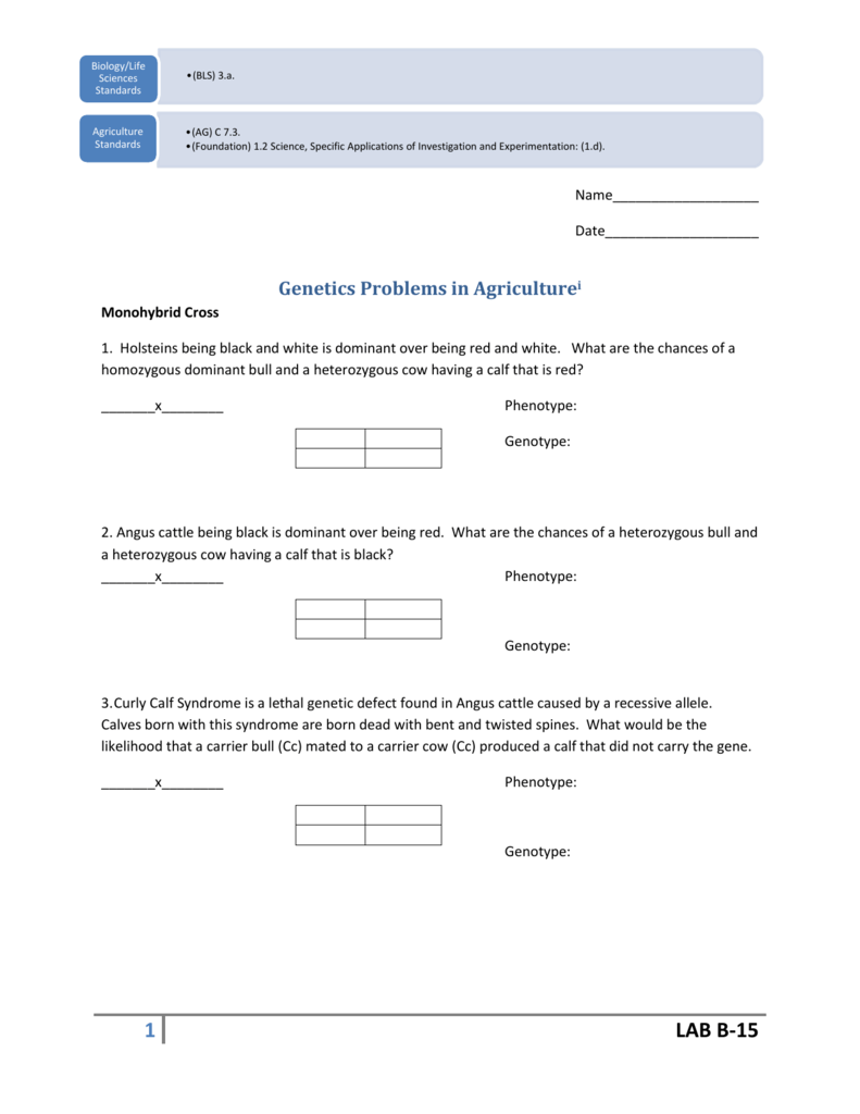 B-20 Genetics Problems in Agriculture In Genetics Problems Worksheet Answers