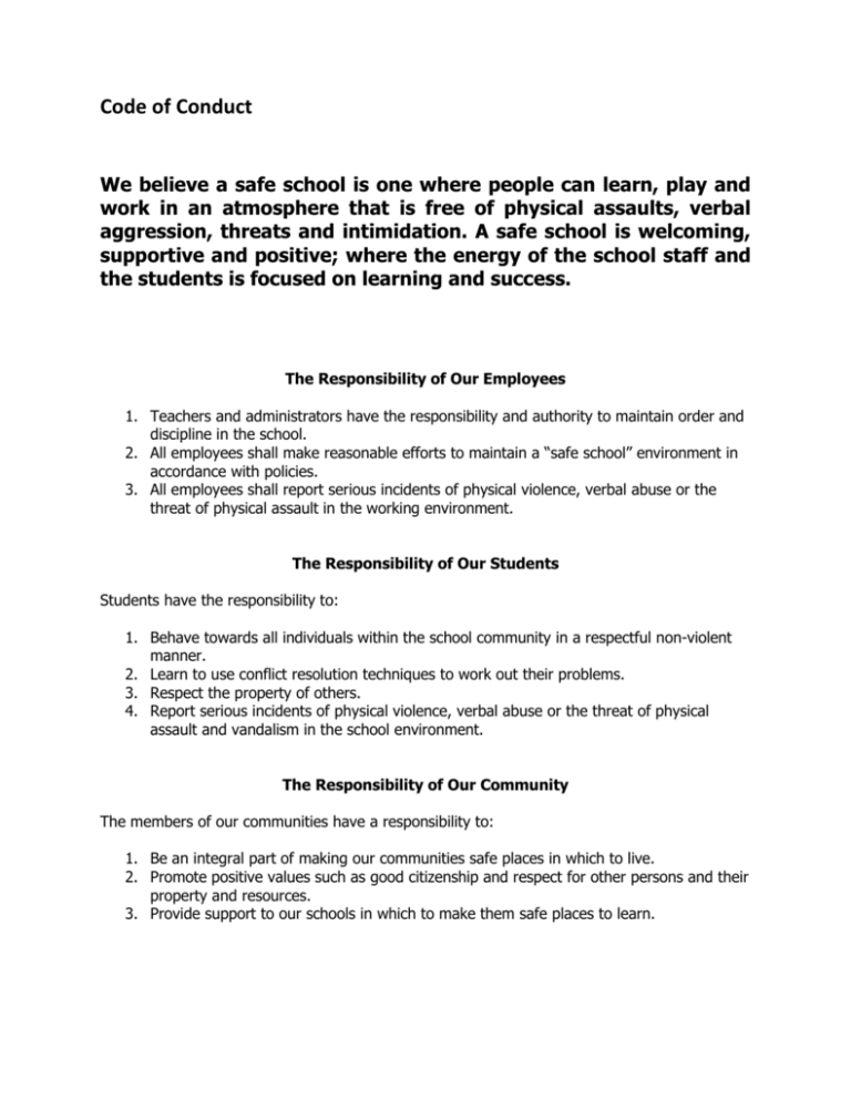 Code Of Conduct Sunrise School Division
