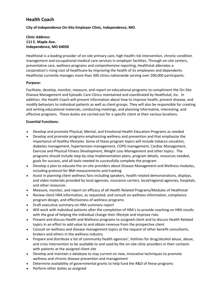 Clinical Health Coach Job Description