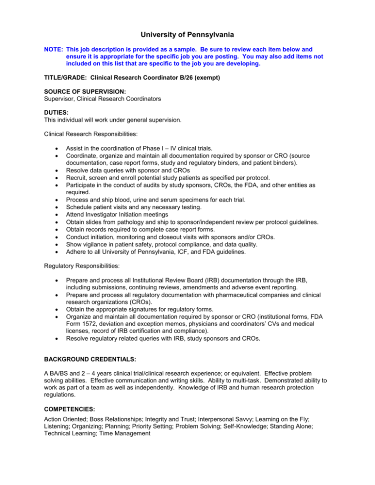 Clinical research data coordinator job description