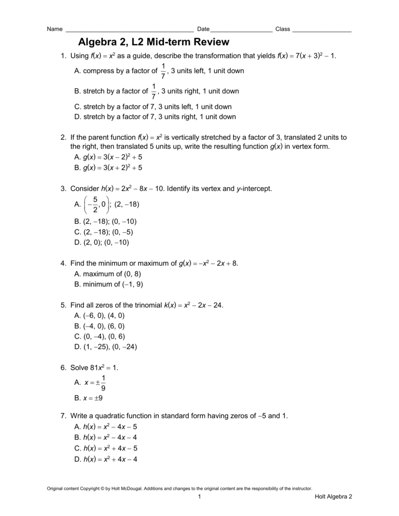 Algebra 2 L2 Midterm Review