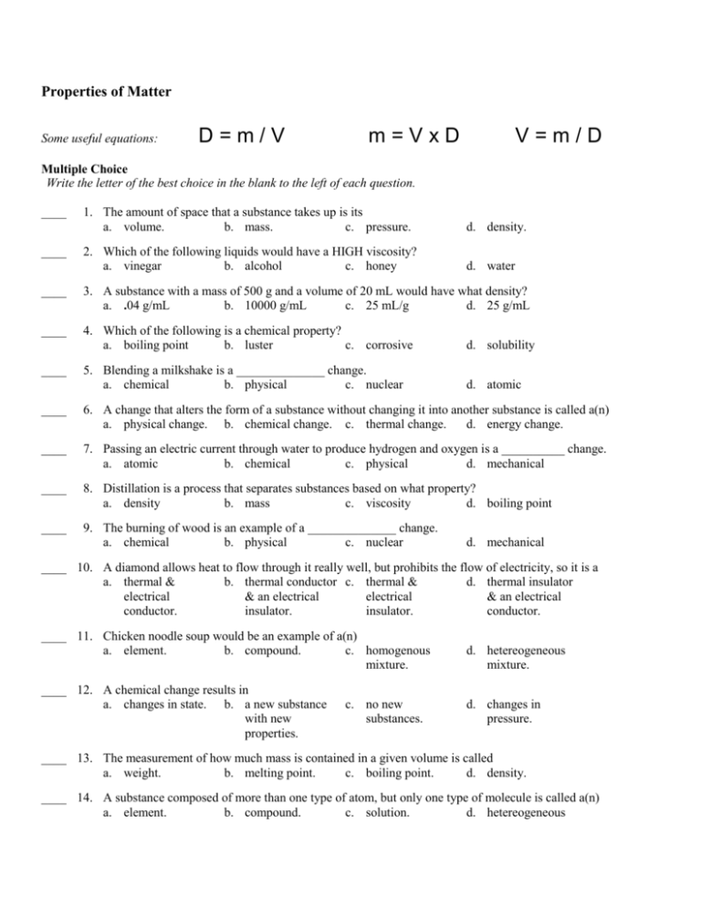 Properties Of Matter Test A