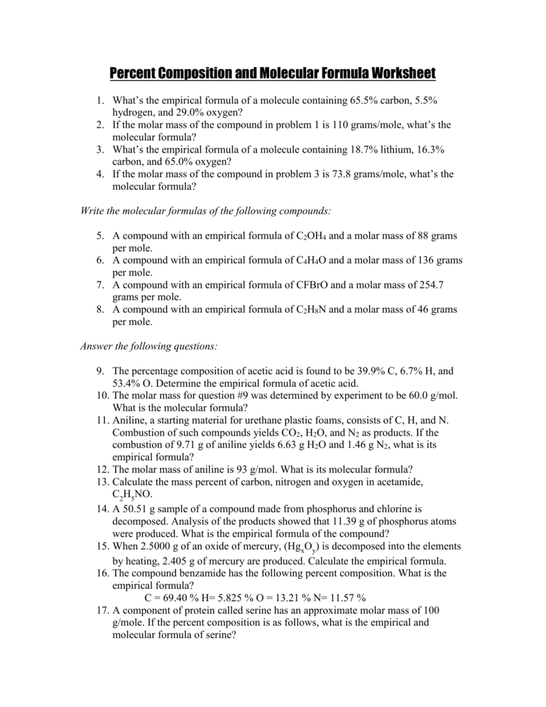 Percent Composition and Molecular Formula Worksheet Key In Percent Composition Worksheet Answers