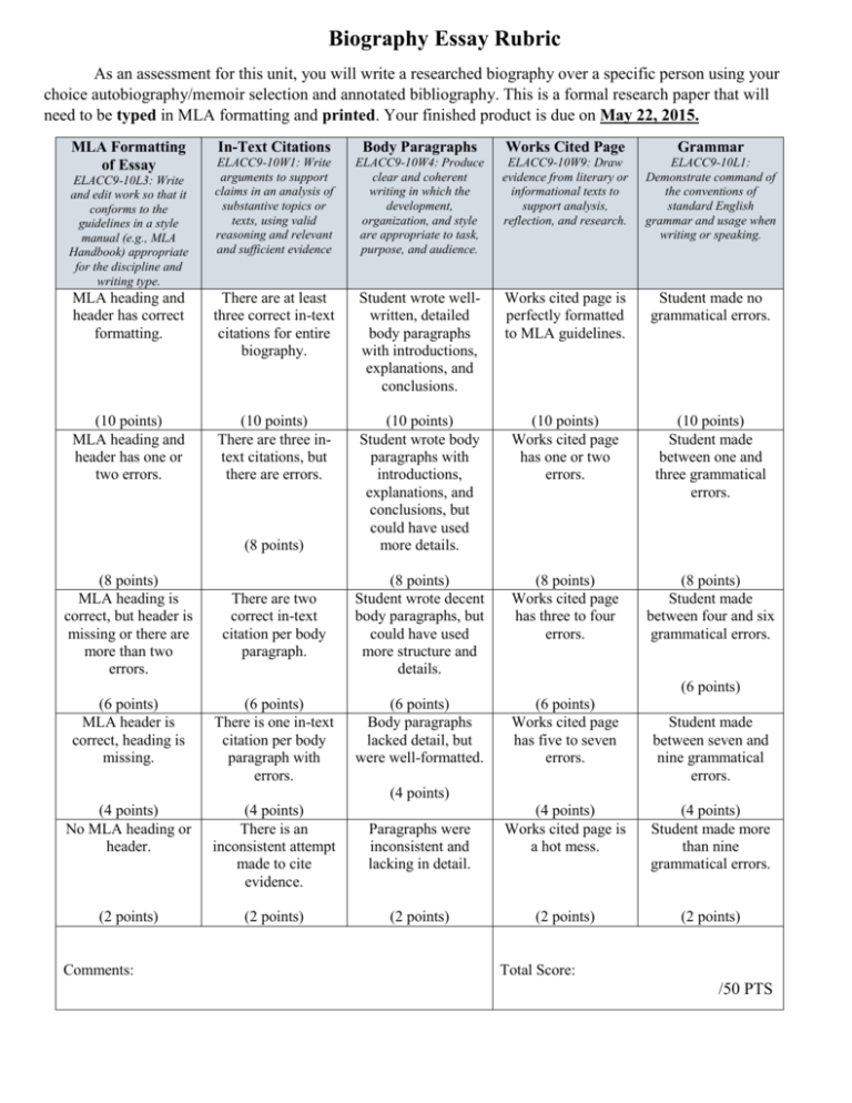 rubric for biographical essay
