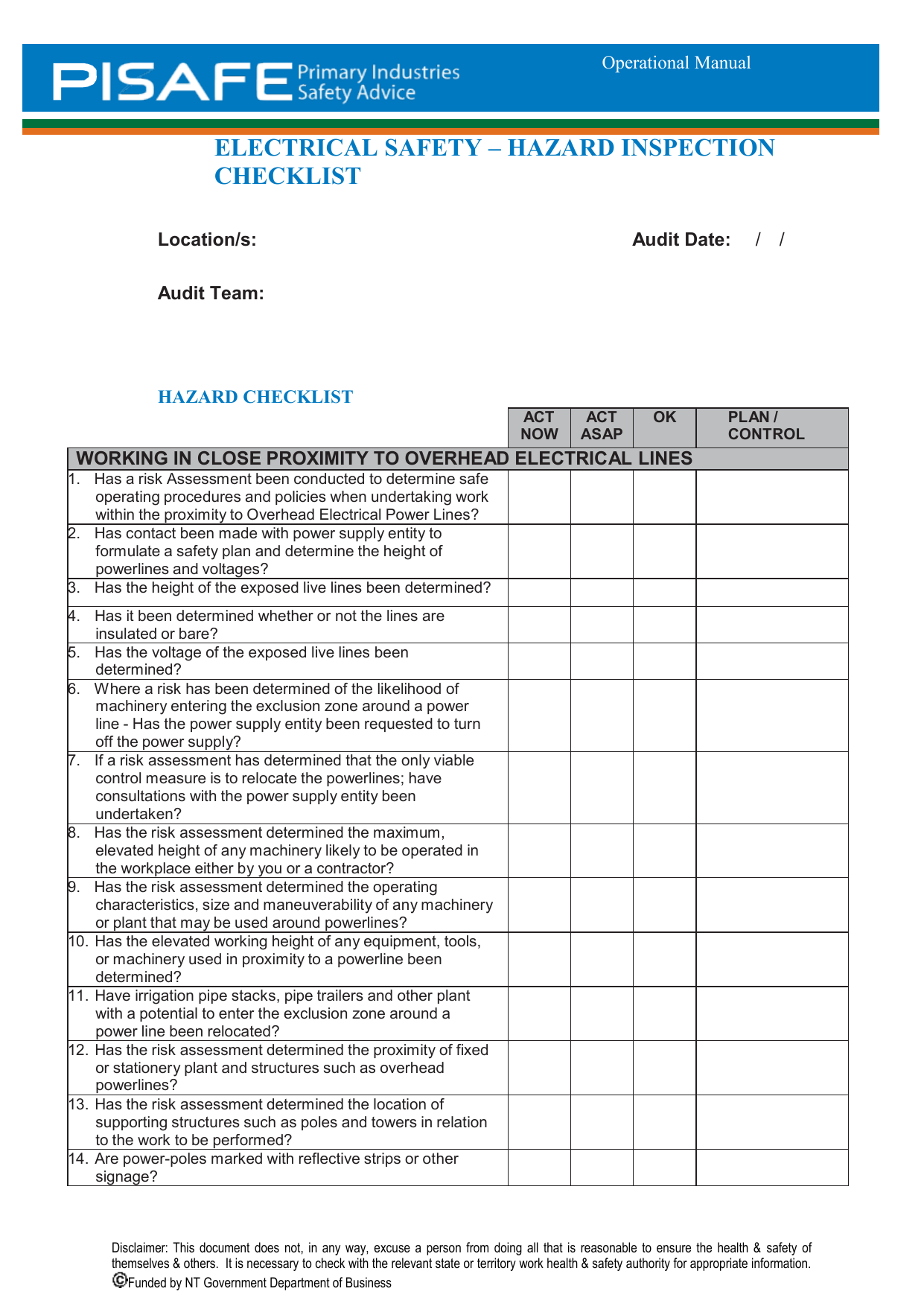 Electrical Safety Hazard Inspection Checklist