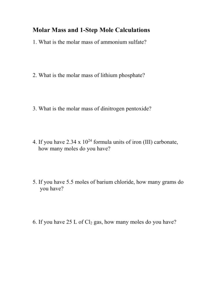 Molar Mass And 1 Step Mole Calculations