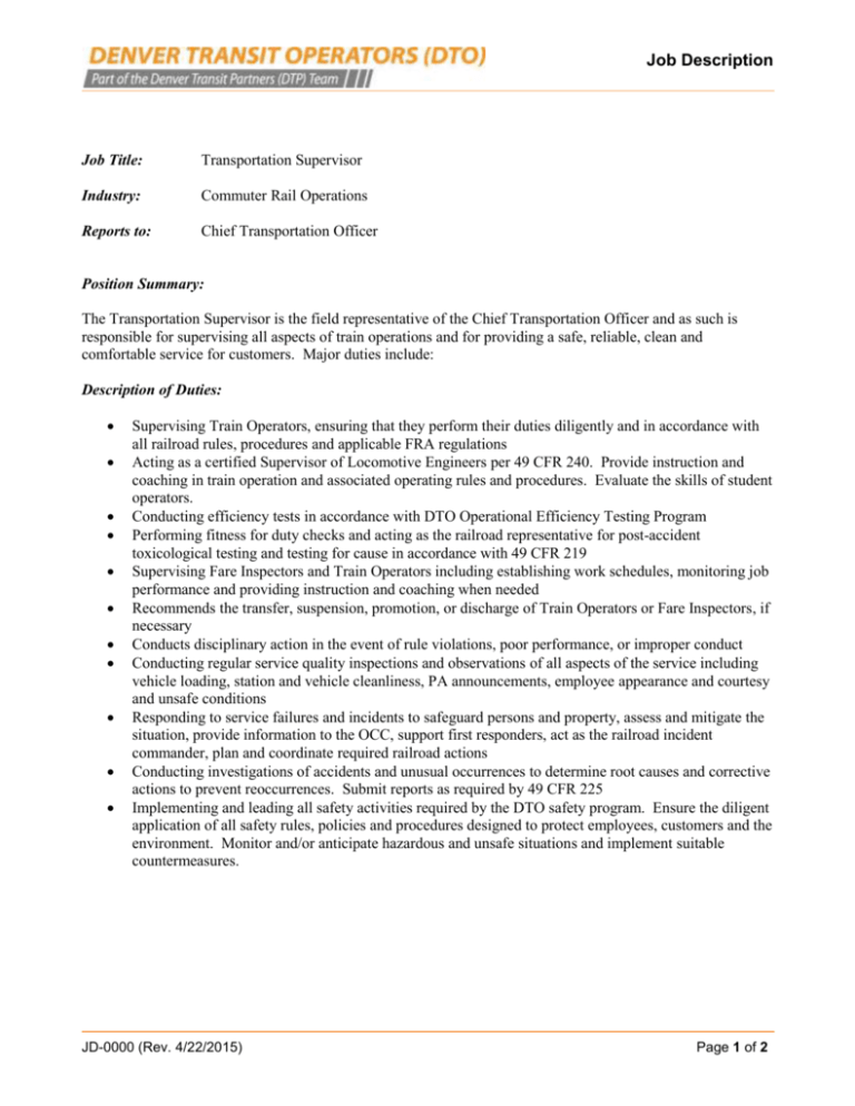 Air Transportation Supervisor Job Description