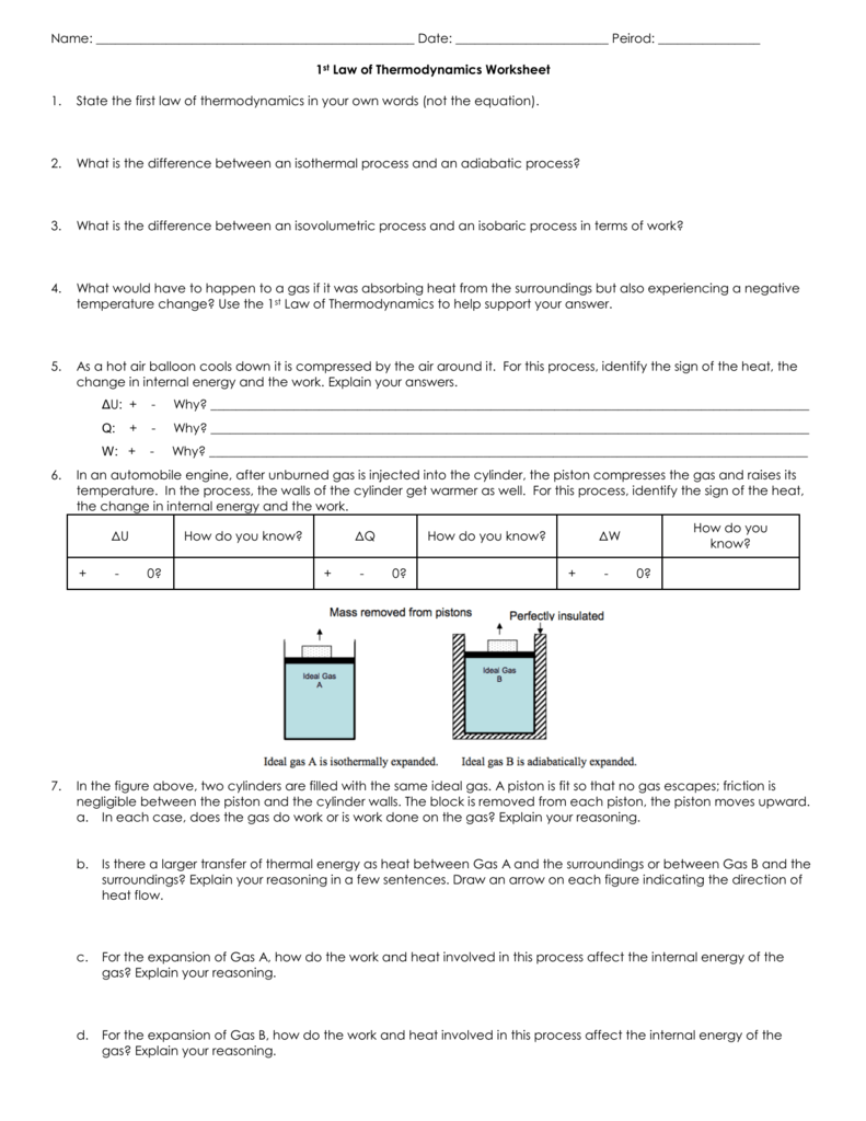 Worksheet 1st Law Of Thermodynamics