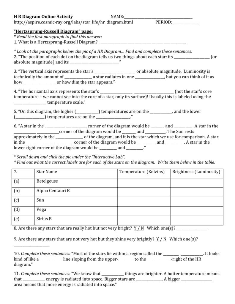 H R Diagram Online Activity hr diagram answers 