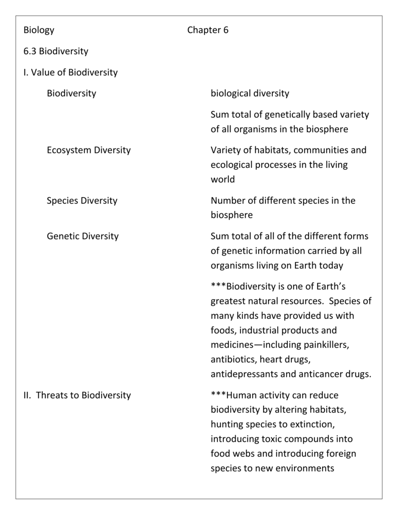 Biology Chapter 11 11.11 Biodiversity I. Value of Biodiversity Inside 6 3 Biodiversity Worksheet Answers