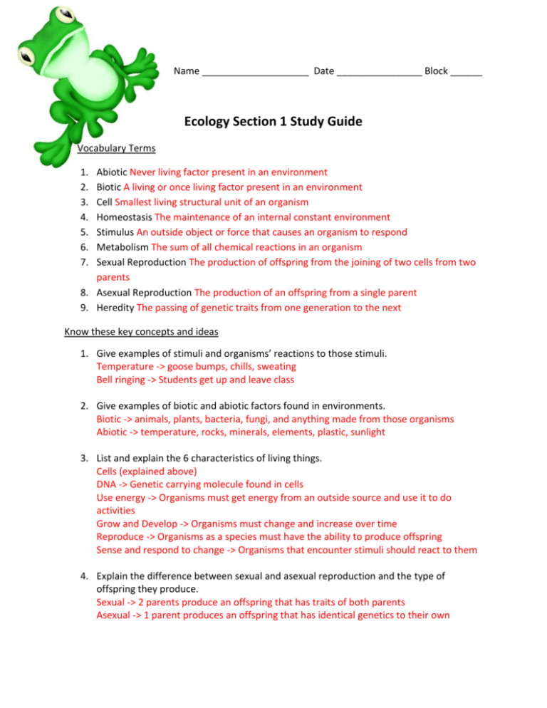 Ecology Section 1 Study Guide AC Answer Key